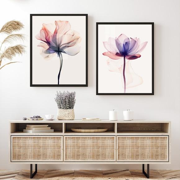 Kit 2 Quadros Decorativos Flores Rosa Sala Moderna com Vidro