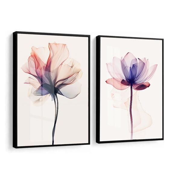 Kit 2 Quadros Decorativos Flores Rosa Sala Moderna com Vidro