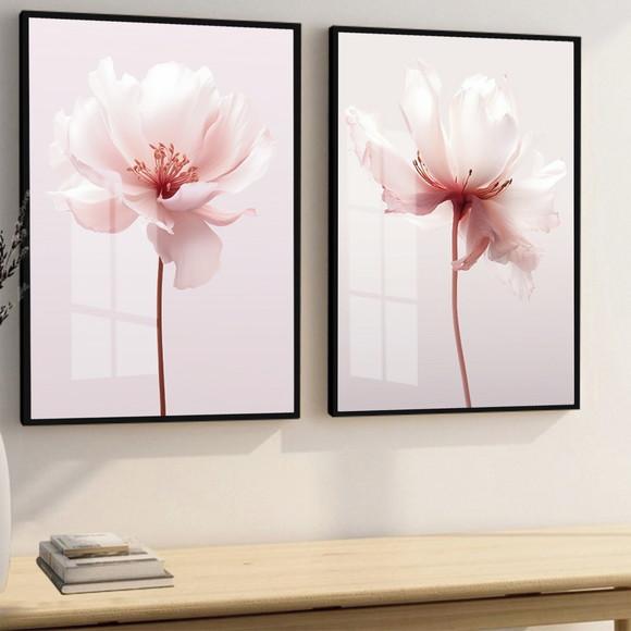 Kit 2 Quadros Decorativos Flores Rosa Sala Quarto com Vidro
