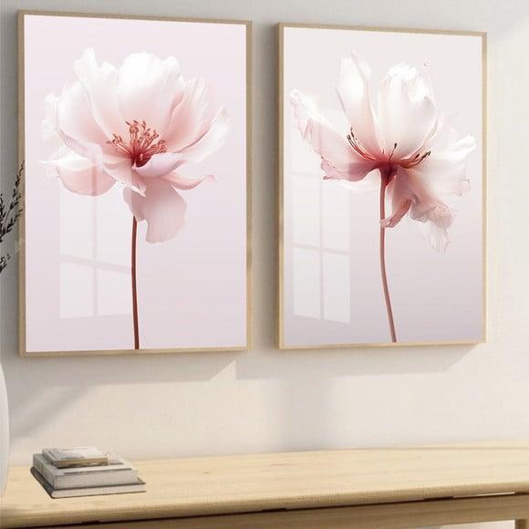 Kit 2 Quadros Decorativos Flores Rosa Sala Quarto Hall Vidro