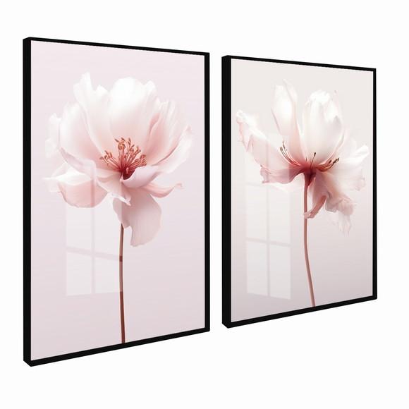 Kit 2 Quadros Decorativos Flores Rosa Sala Quarto com Vidro