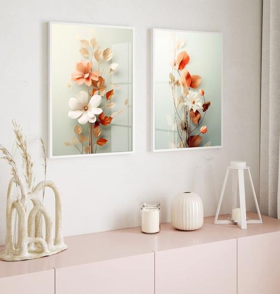 Kit 2 Quadros Decorativos Flores Sala Quarto Moldura e Vidro