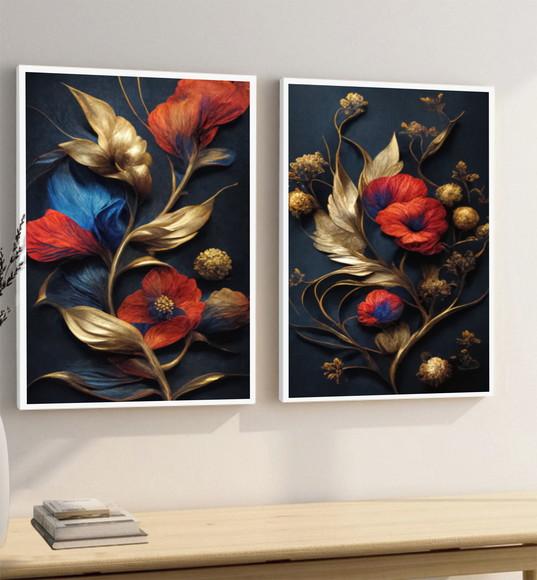 Kit 2 Quadros Decorativos Flores Vermelhas Douradas Moldura