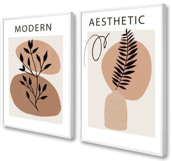 Kit 2 Quadros Decorativos Folhagem Abstrato Marrom Moldura