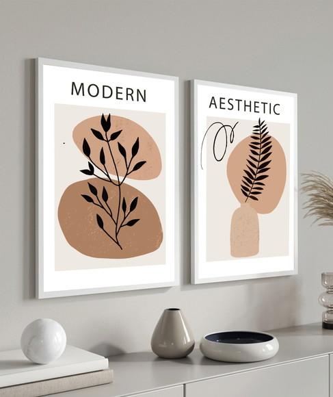 Kit 2 Quadros Decorativos Folhagem Abstrato Marrom Moldura