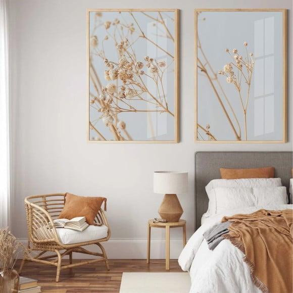 Kit 2 Quadros Decorativos Folhagem Bege Com Moldura e Vidro