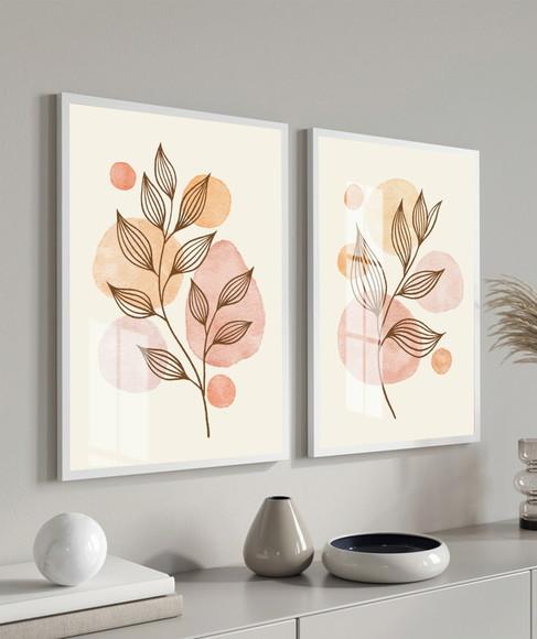 Kit 2 Quadros Decorativos Folhagem Abstrato Moldura e Vidro