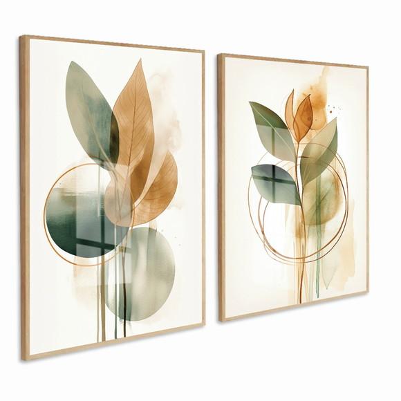 Kit 2 Quadros Decorativos Folhagem Abstrato Moldura e Vidro
