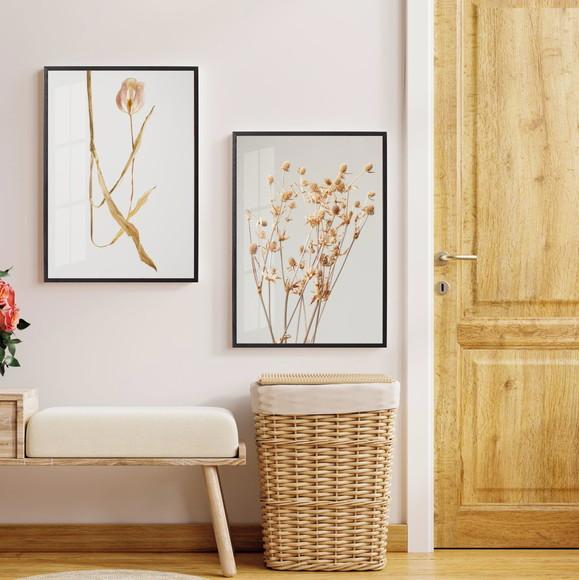 Kit 2 Quadros Decorativos Folhagem Bege Com Moldura e Vidro
