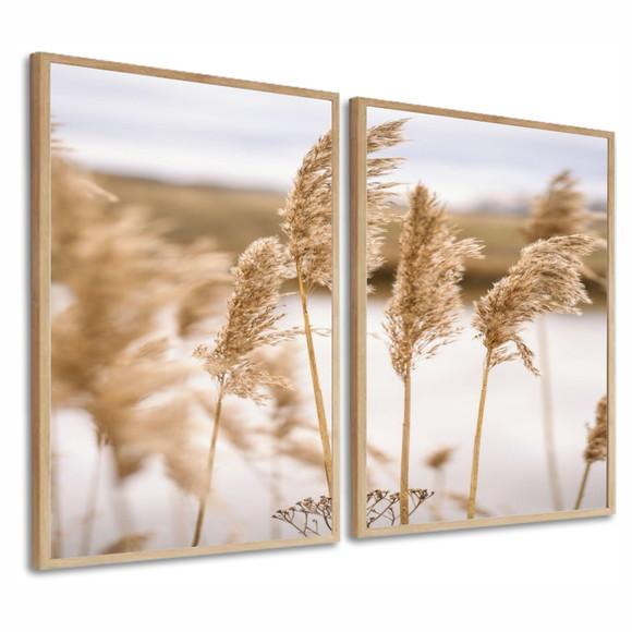 Kit 2 Quadros Decorativos Folhagem Bege Paisagem Com Moldura