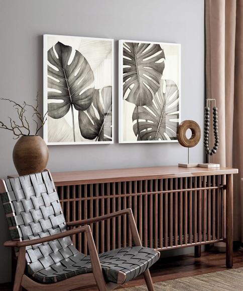 Kit 2 Quadros Decorativos Folhagem Costela de Adão com Vidro