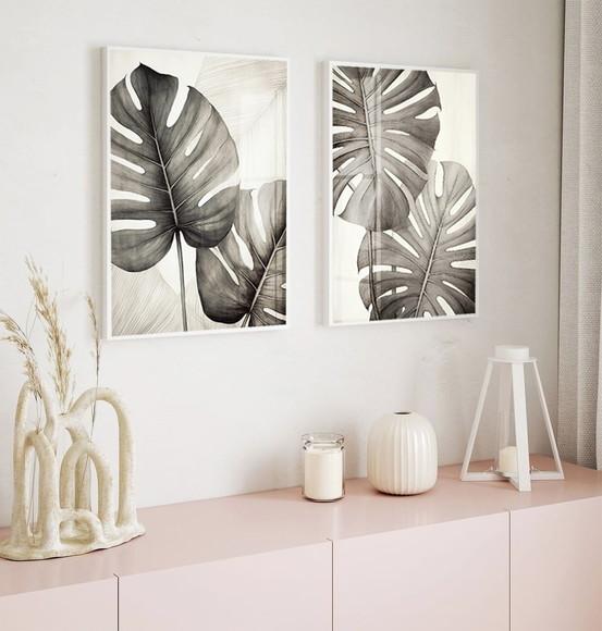 Kit 2 Quadros Decorativos Folhagem Costela de Adão com Vidro
