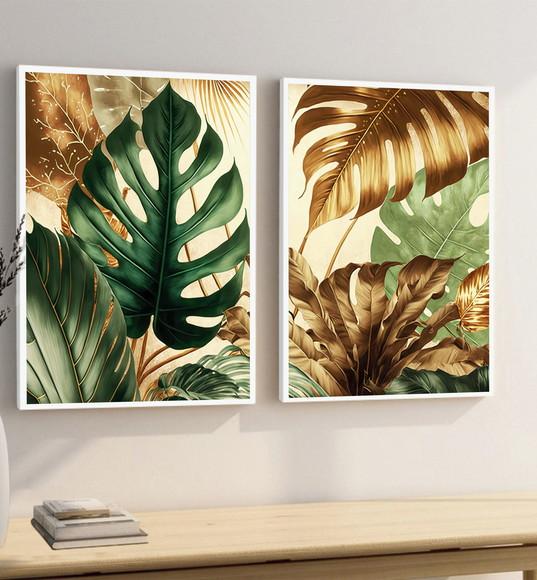 Kit 2 Quadros Decorativos Folhagem Costela de Adão Moldura