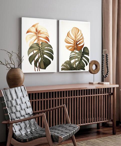 Kit 2 Quadros Decorativos Folhagem Costela de Adão Moldura