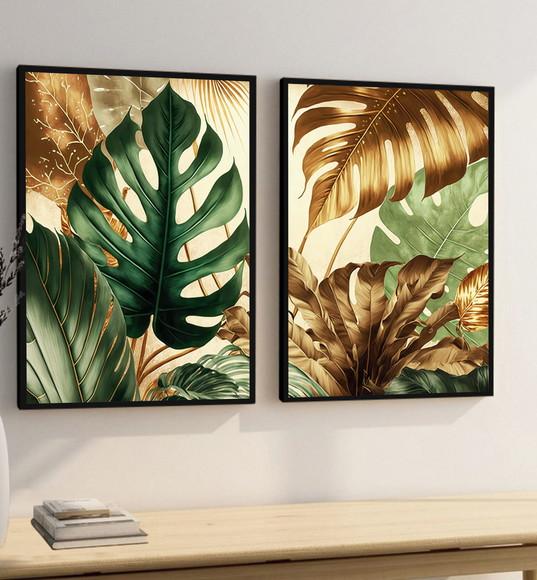 Kit 2 Quadros Decorativos Folhagem Costela de Adão Moldura