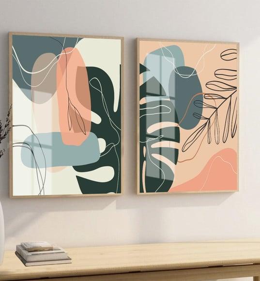 Kit 2 Quadros Decorativos Folhagem Desenho Moldura e Vidro