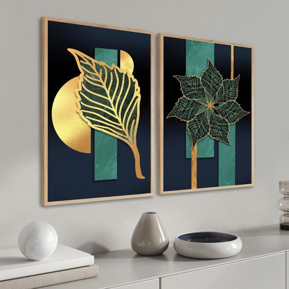Kit 2 Quadros Decorativos Folhagem Dourada Abstrato Moldura