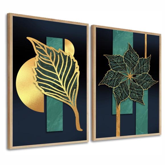 Kit 2 Quadros Decorativos Folhagem Dourada Abstrato Moldura