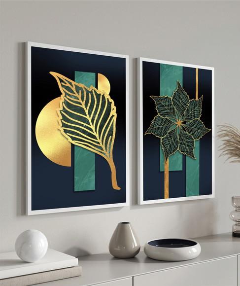 Kit 2 Quadros Decorativos Folhagem Dourada Abstratos Moldura