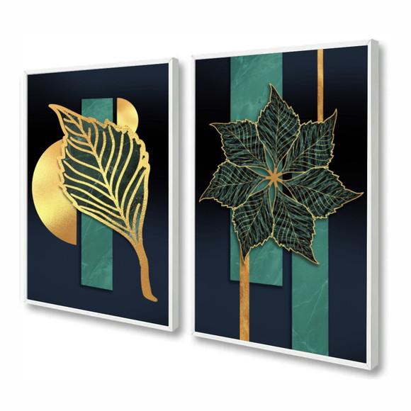 Kit 2 Quadros Decorativos Folhagem Dourada Abstratos Moldura