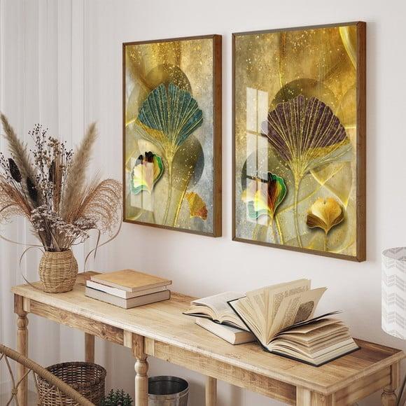 Kit 2 Quadros Decorativos Folhagem Dourada com Moldura Vidro