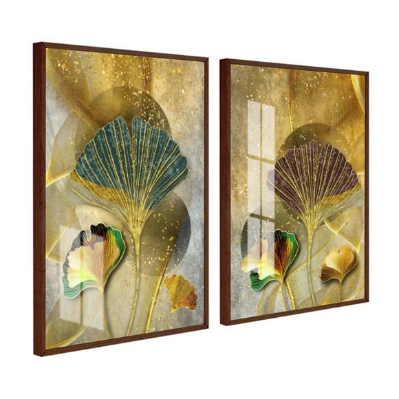 Kit 2 Quadros Decorativos Folhagem Dourada com Moldura Vidro