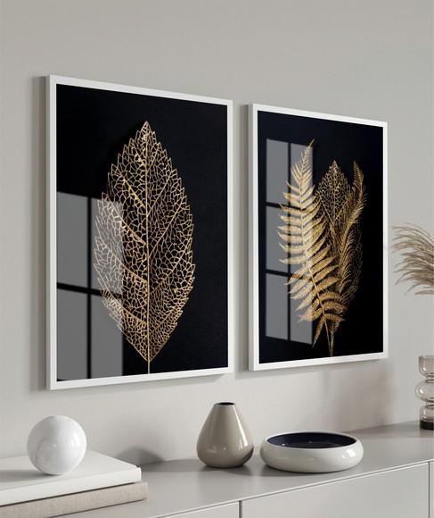Kit 2 Quadros Decorativos Folhagem Dourada Com Moldura Vidro