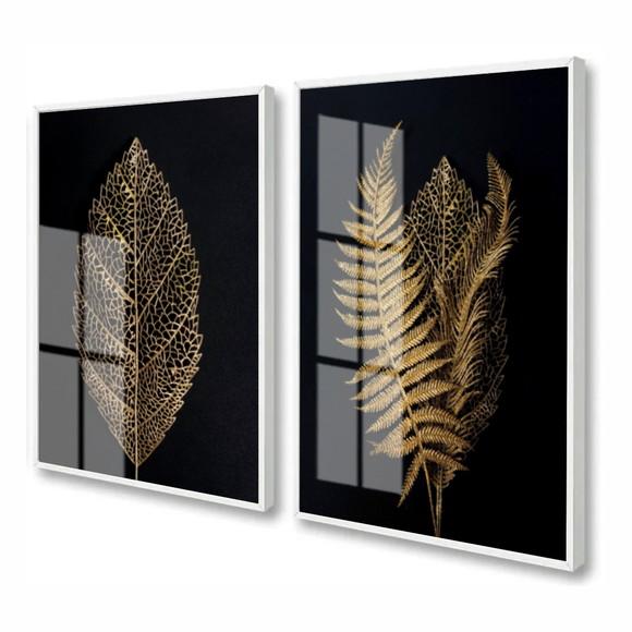 Kit 2 Quadros Decorativos Folhagem Dourada Com Moldura Vidro