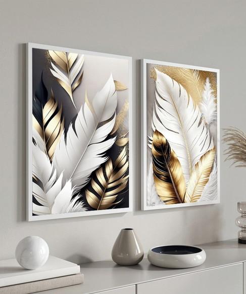 Kit 2 Quadros Decorativos Folhagem Dourada e Branca Moldura