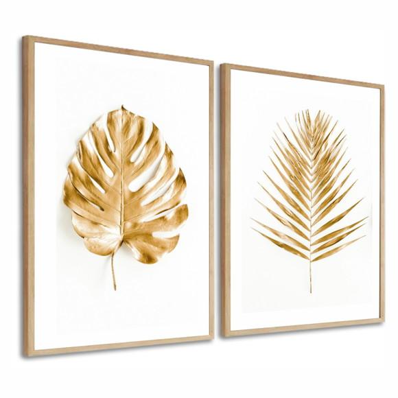 Kit 2 Quadros Decorativos Folhagem Dourada Gold Com Moldura