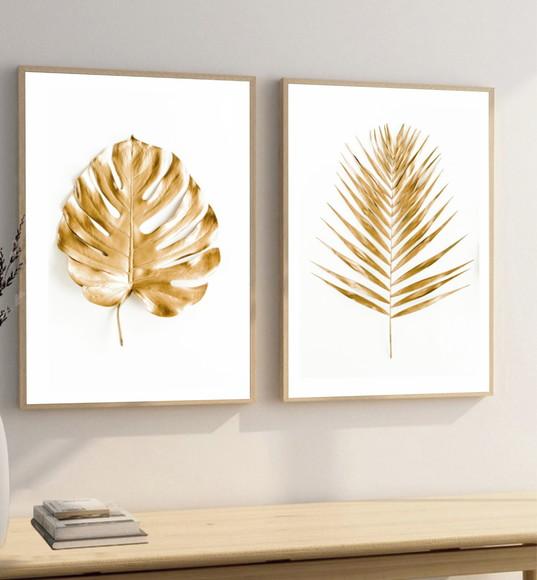 Kit 2 Quadros Decorativos Folhagem Dourada Gold Com Moldura