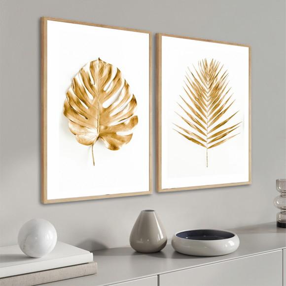 Kit 2 Quadros Decorativos Folhagem Dourada Gold Com Moldura