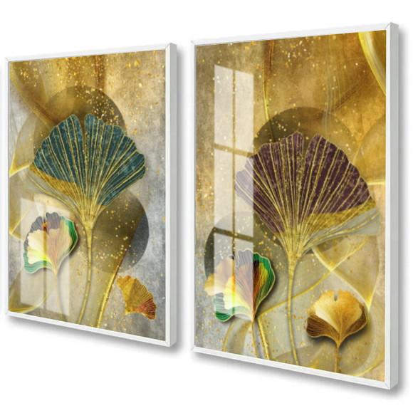 Kit 2 Quadros Decorativos Folhagem Dourada Moldura e Vidro