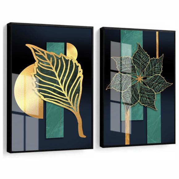 Kit 2 Quadros Decorativos Folhagem Dourada Moldura E Vidro