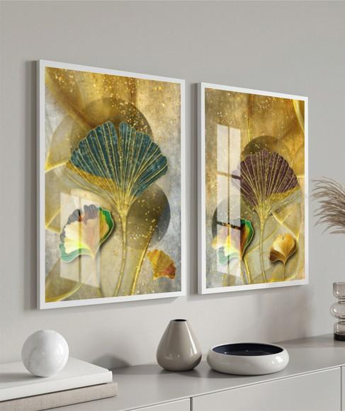 Kit 2 Quadros Decorativos Folhagem Dourada Moldura e Vidro
