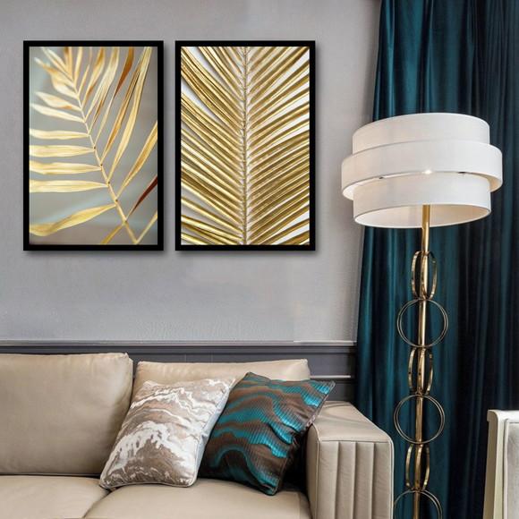Kit 2 Quadros Decorativos Folhagem Dourada Para Sala Moderno