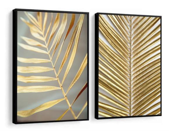 Kit 2 Quadros Decorativos Folhagem Dourada Para Sala Moderno