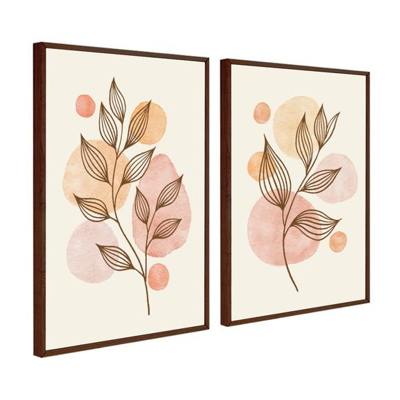 Kit 2 Quadros Decorativos Folhagem Flores Abstrato Moldura
