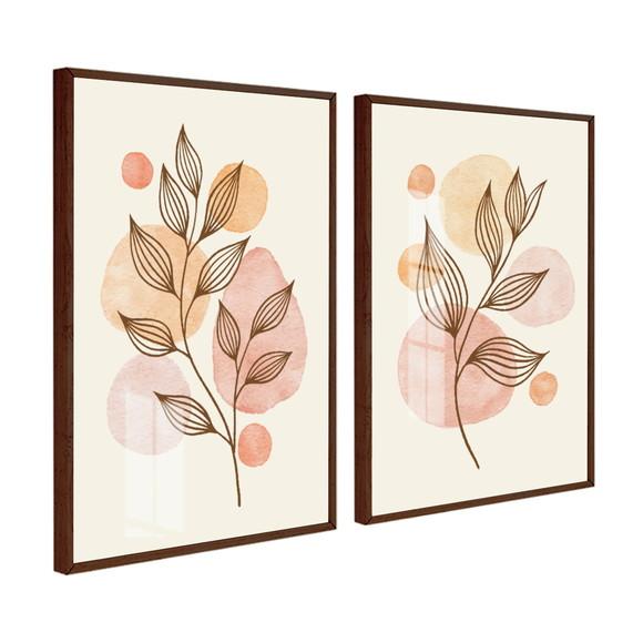 Kit 2 Quadros Decorativos Folhagem Flores com Moldura Vidro