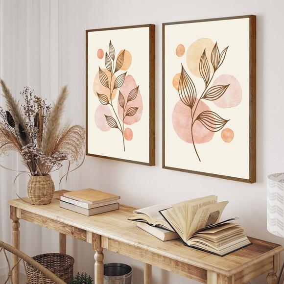 Kit 2 Quadros Decorativos Folhagem Flores Moldura e Vidro