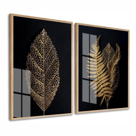 Kit 2 Quadros Decorativos Folhagem Gold Com Moldura E Vidro