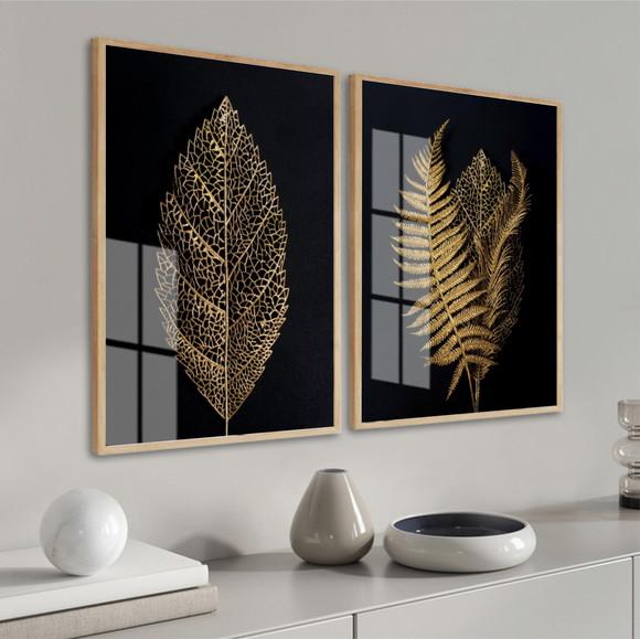 Kit 2 Quadros Decorativos Folhagem Gold Com Moldura E Vidro