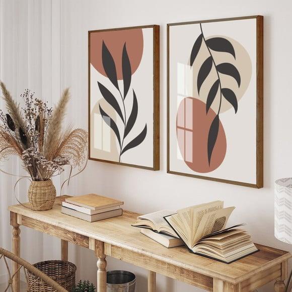 Kit 2 Quadros Decorativos Folhagem Moderno Moldura e Vidro