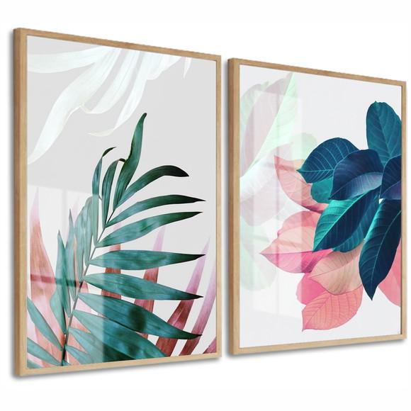 Kit 2 Quadros Decorativos Folhagem Para Sala Moldura E Vidro