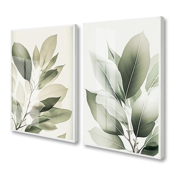 Kit 2 Quadros Decorativos Folhagem Verde com Moldura e Vidro