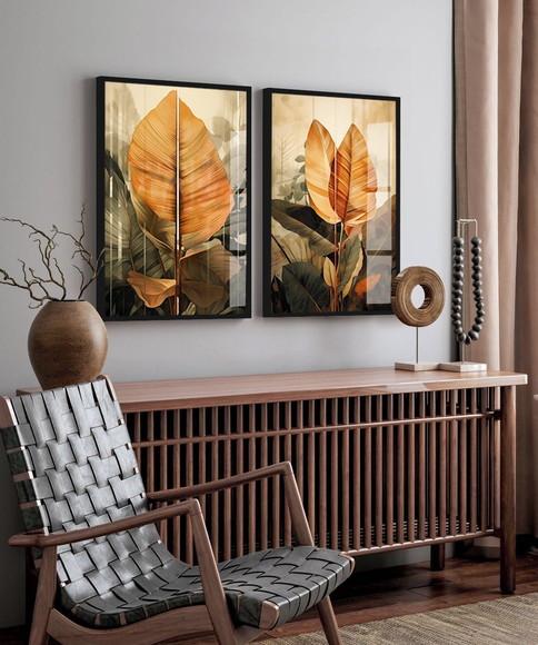 Kit 2 Quadros Decorativos Folhagem Tropical Moderna Vidro