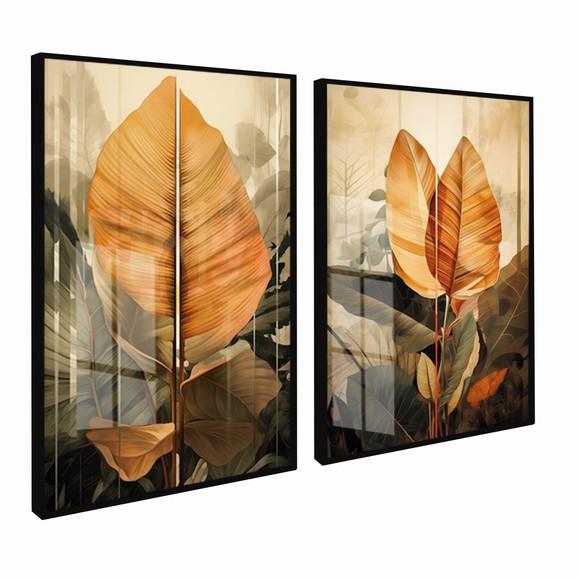 Kit 2 Quadros Decorativos Folhagem Tropical Moderna Vidro