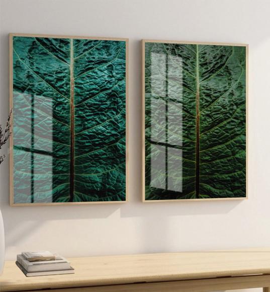 Kit 2 Quadros Decorativos Folhagem Verde com Moldura e Vidro