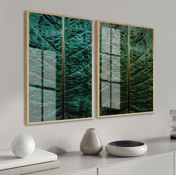 Kit 2 Quadros Decorativos Folhagem Verde com Moldura e Vidro