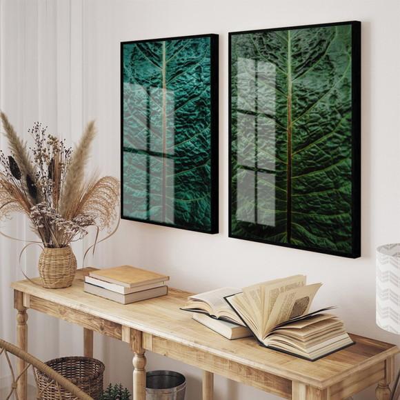 Kit 2 Quadros Decorativos Folhagem Verde Com Moldura e Vidro